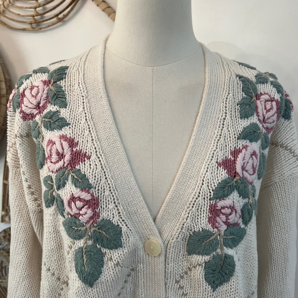 Vintage Venezia Cream Ramie Cotton Embroidered Floral Argyle Cardigan 18/20 - Picture 10 of 10